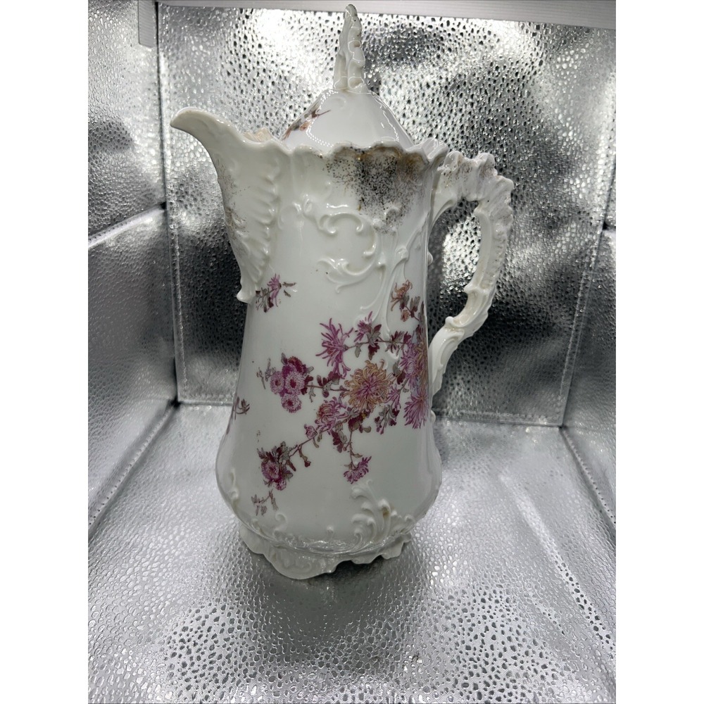 ANTIQUE FÜRSTENBERG BRUNSWICK GERMANY PORCELAIN CHOCOLATE TEAPOT‎ 10" FLORAL